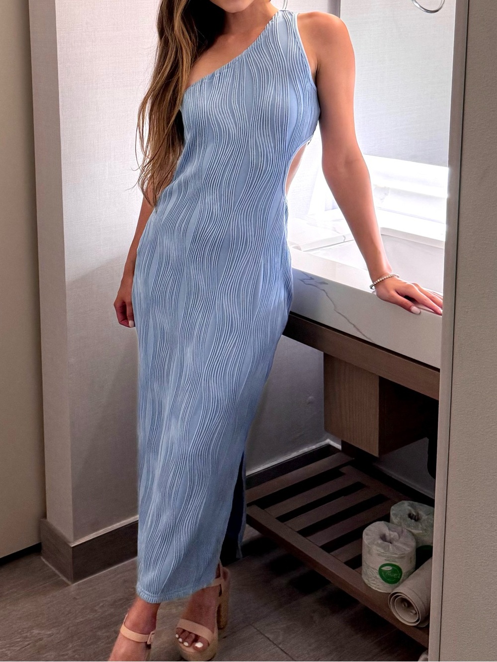 Sleeveless Light Blue Cutout Midi Dress